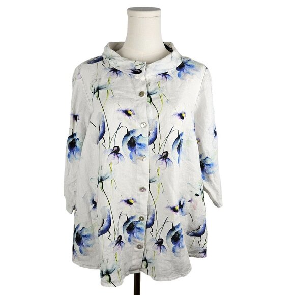 Mario Romano Linen Top Medium Floral Button-Up Made In Italy - Picture 1 of 10